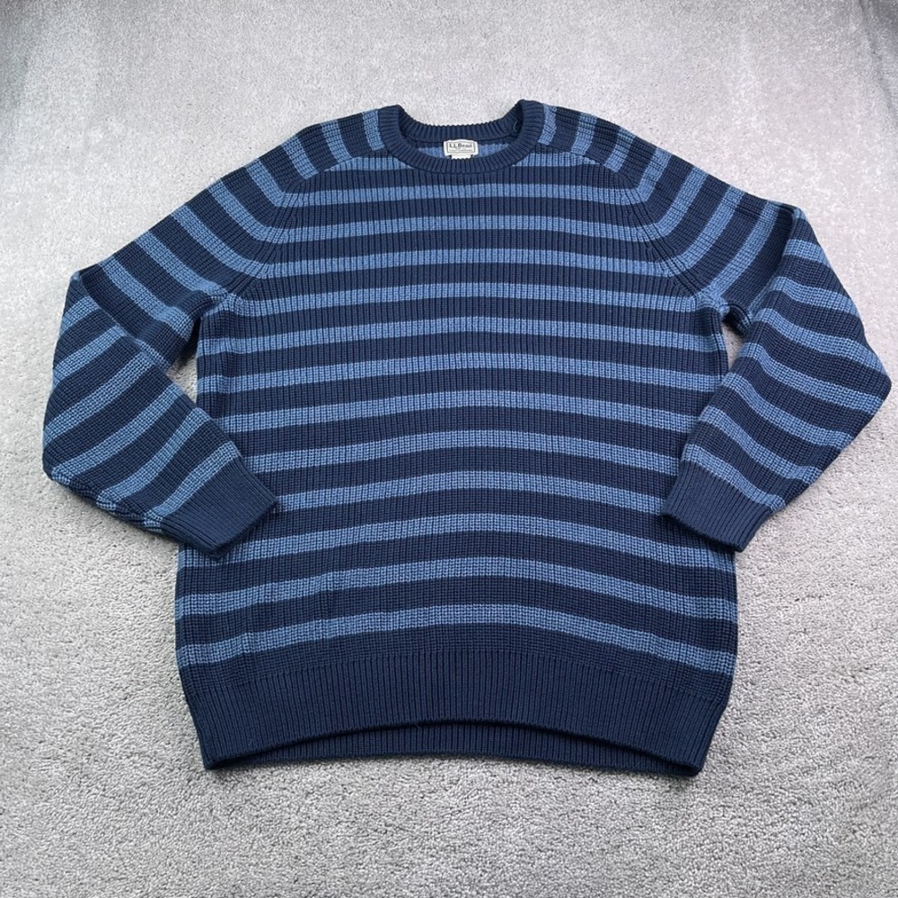 LL Bean Sweater Mens XL Tall Blue Stripes Crewneck Heavy Cotton Chunky Fisherman